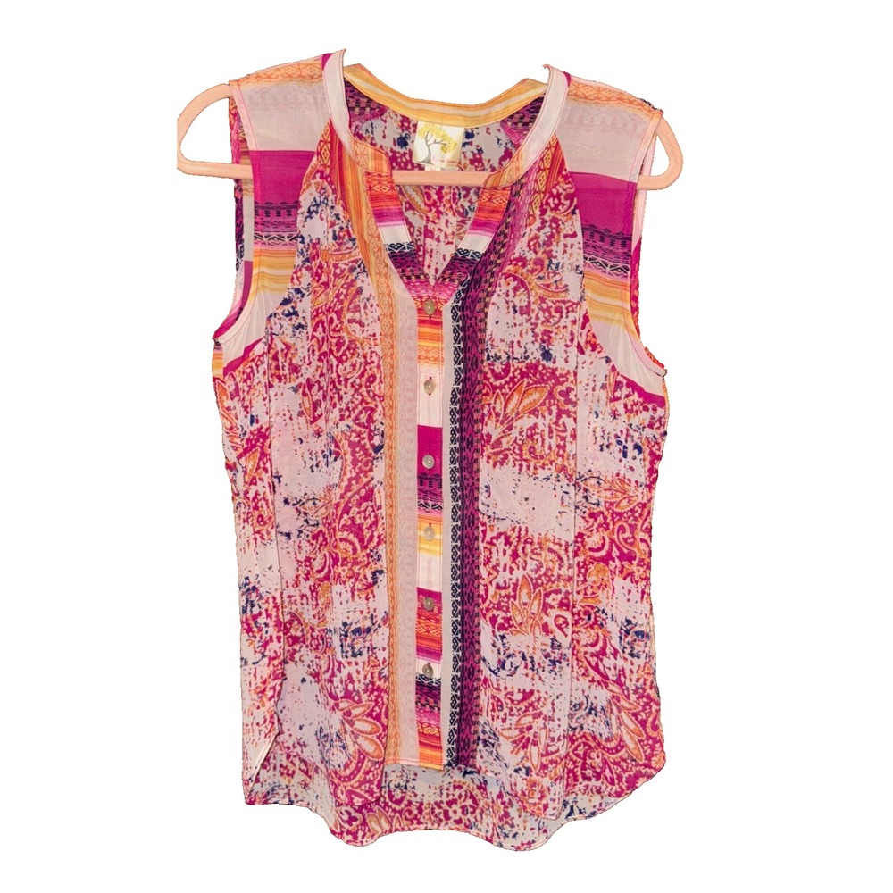 Womens Pink Paisley Sleeveless Boho Festival Tunic Top Casual Summer Sz M hippie